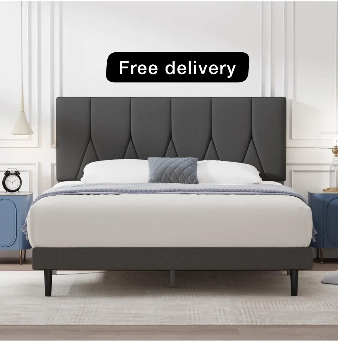 King Bed Frame, Black, Upholstered Wooden Slat Bed - Image 1