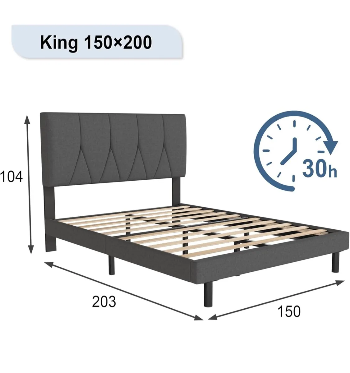 King Bed Frame, Black, Upholstered Wooden Slat Bed - Image 4