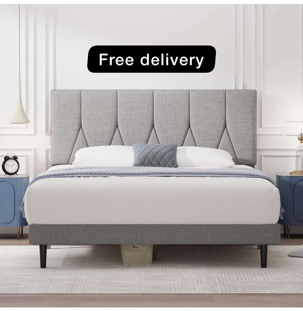 King Bed Frame, Light Grey, Upholstered Wooden Sla - Image 1