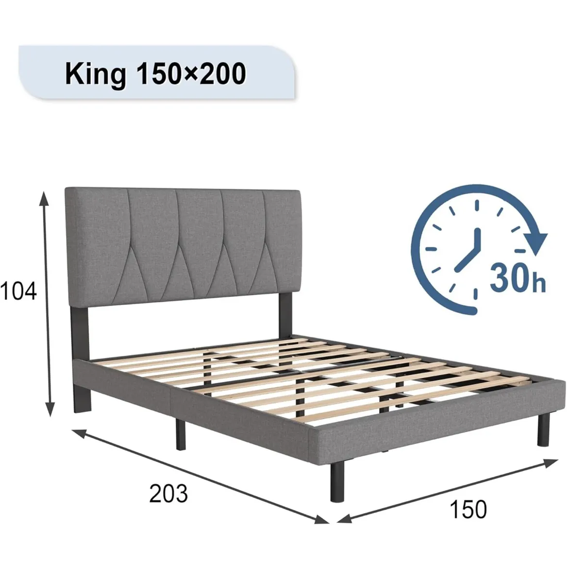 King Bed Frame, Light Grey, Upholstered Wooden Sla - Image 4