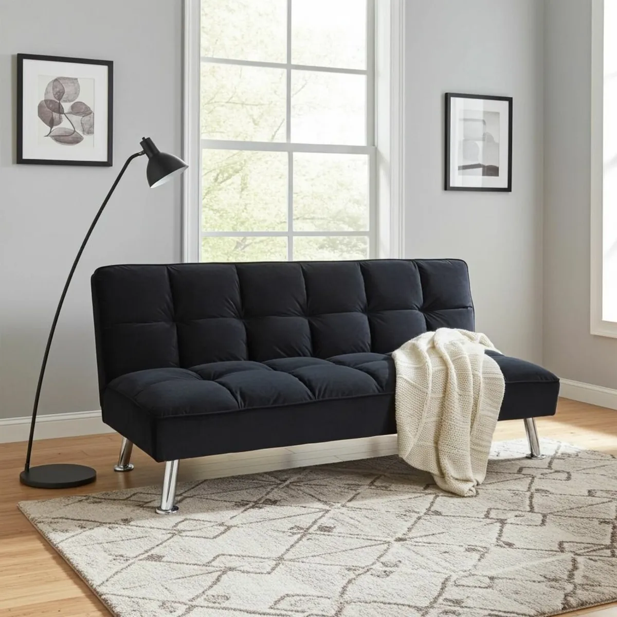 Black Folding 3 Seater Fabric Sofa Bed - Image 1