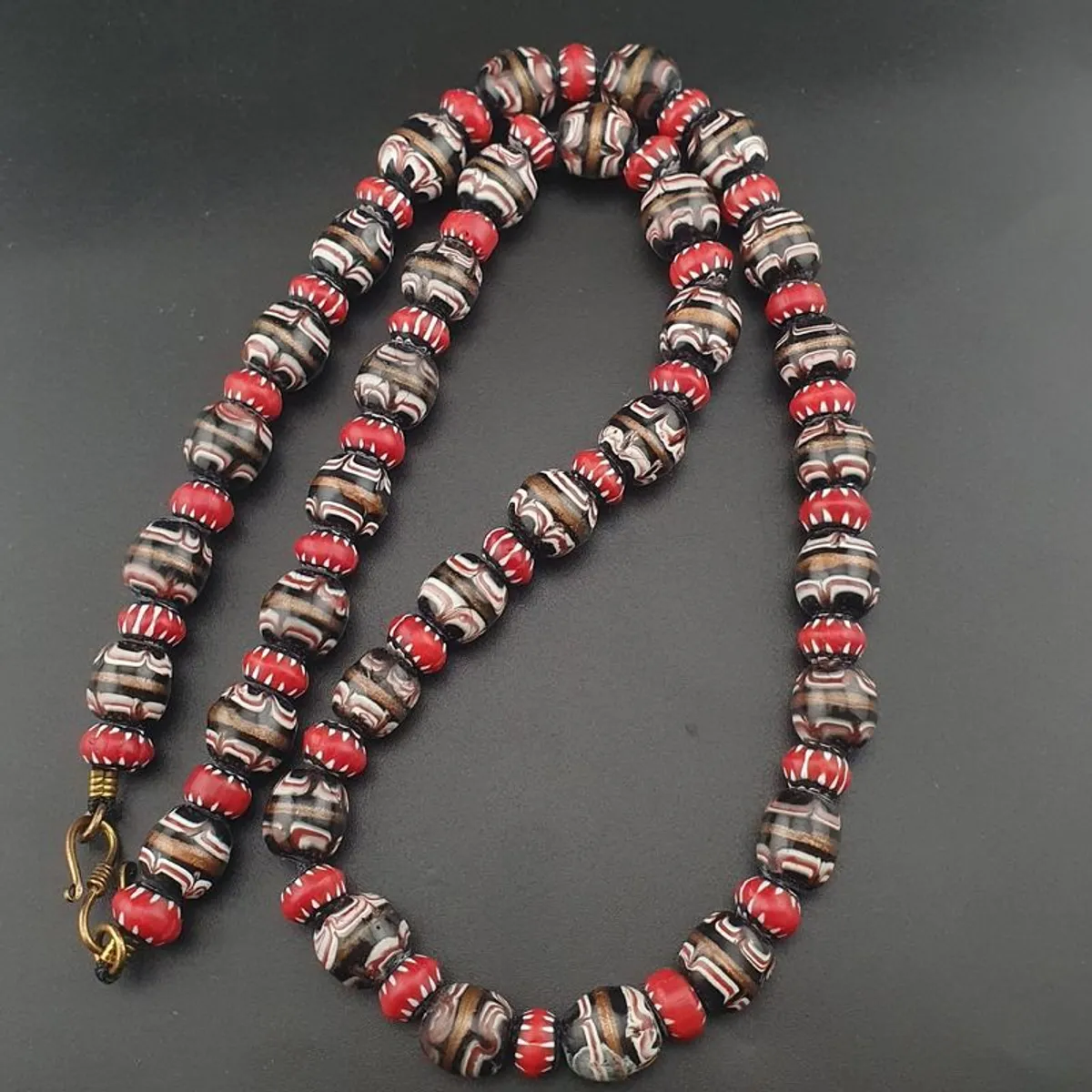 Antique Murano Style Aventurine & Chevron Glass Beads Necklace - Image 1