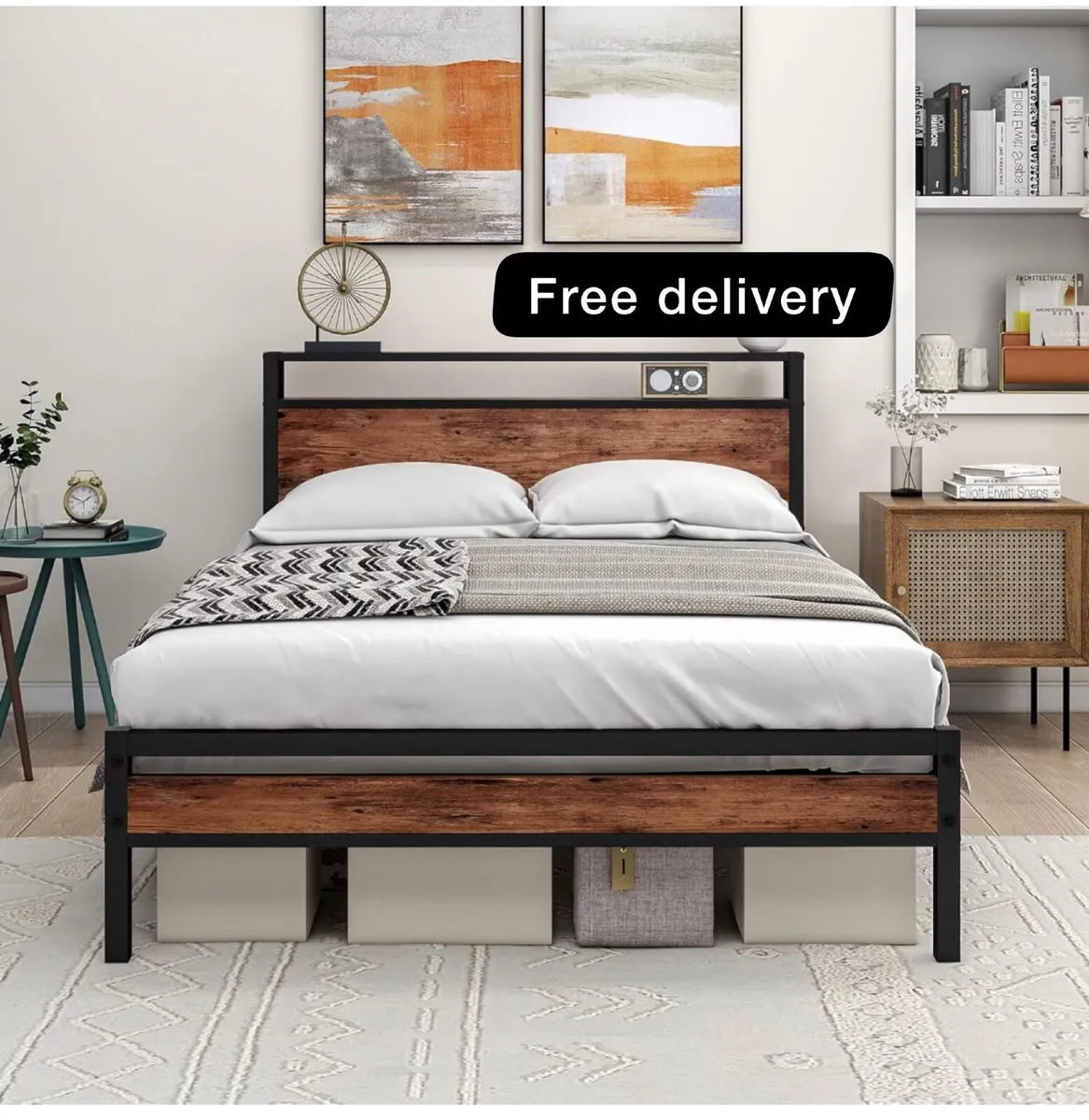 Double Bed Frame with Storage Wooden Headboard - Image 1