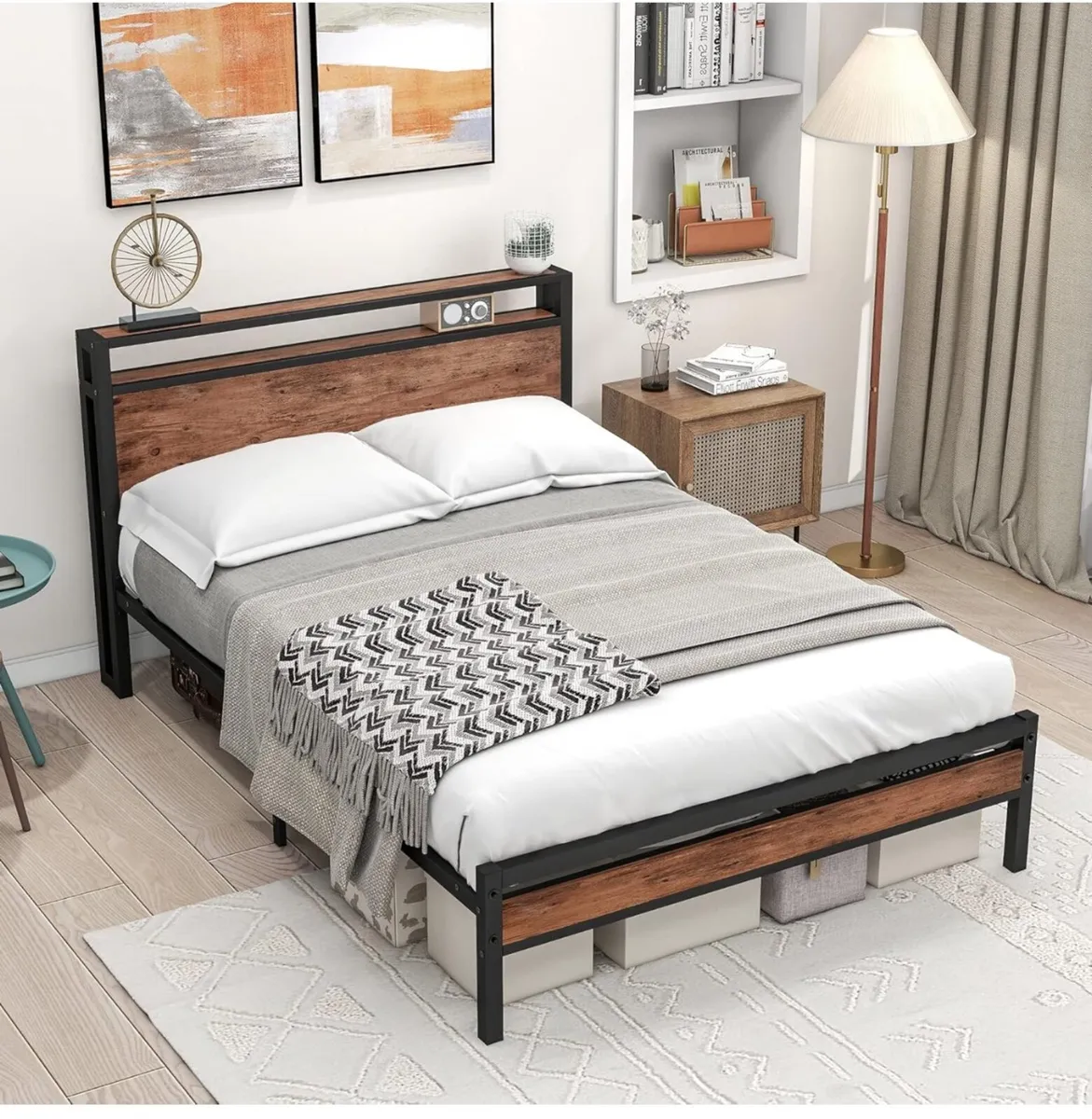 Double Bed Frame with Storage Wooden Headboard - Image 1