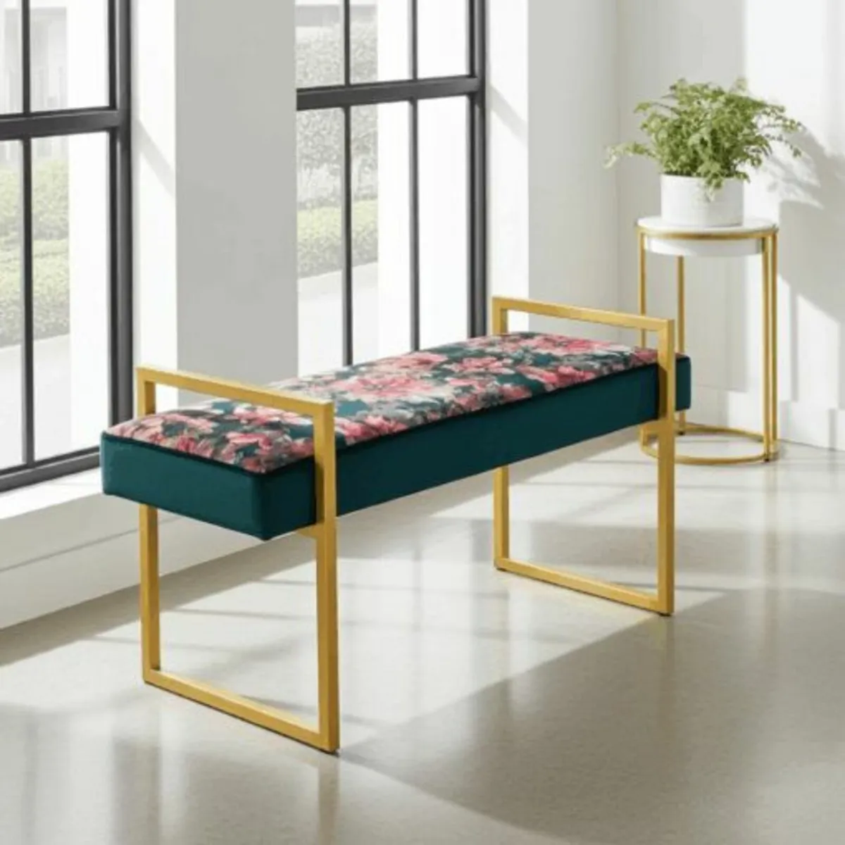 Tropical Velvet Bench – Gold Metal Frame & Floral - Image 1