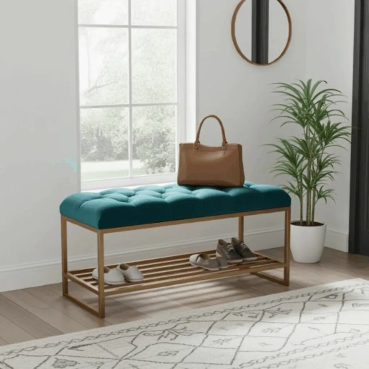 Velvet Upholstered Bench with Gold Metal Shoe Rack - Image 1