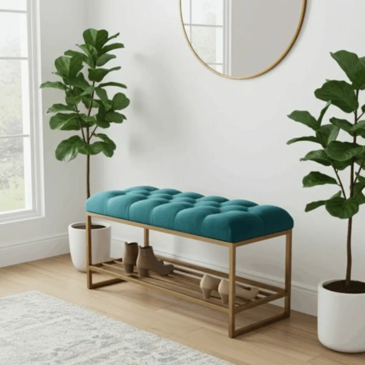 Velvet Upholstered Bench with Gold Metal Shoe Rack - Image 2