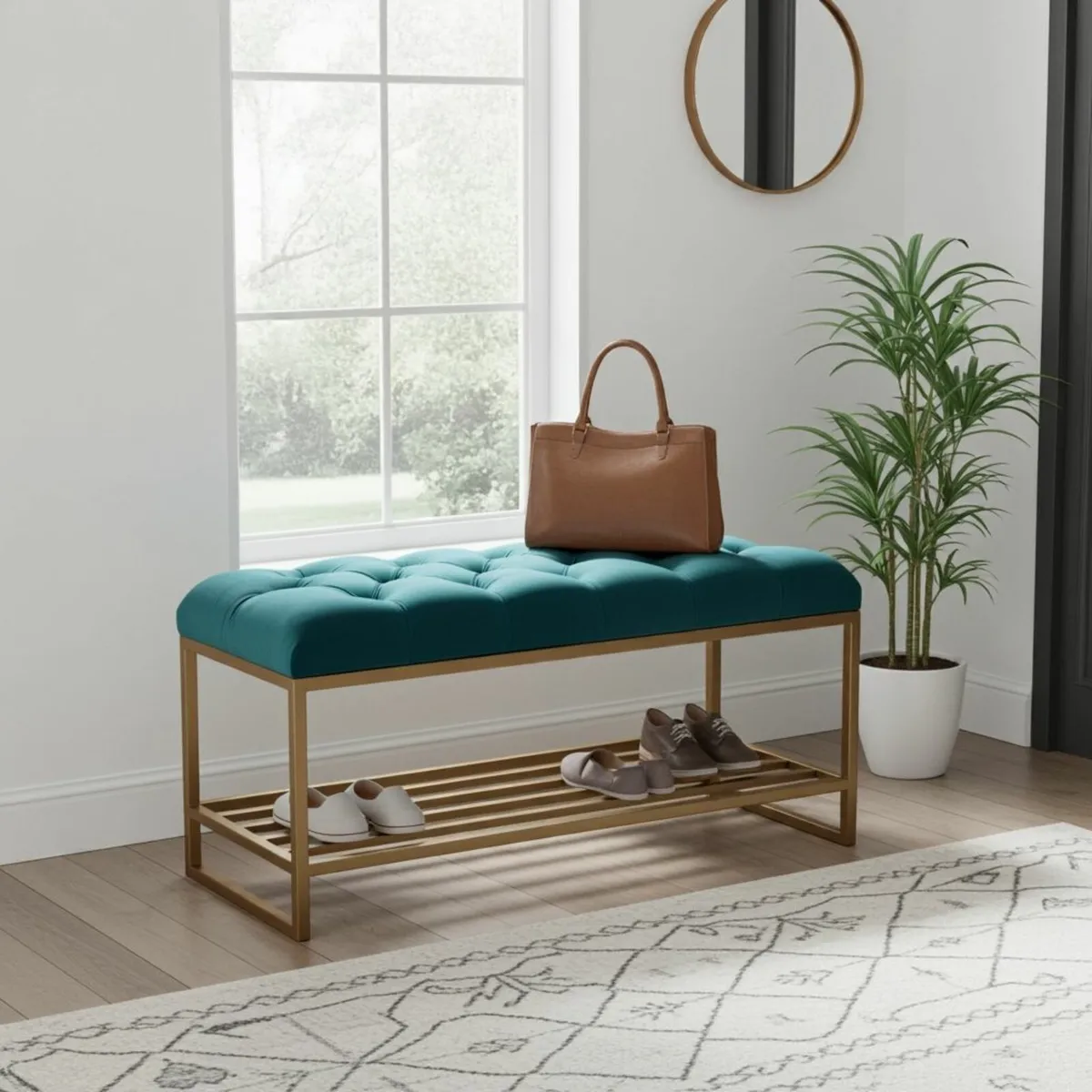 Velvet Upholstered Bench with Gold Metal Shoe Rack - Image 4