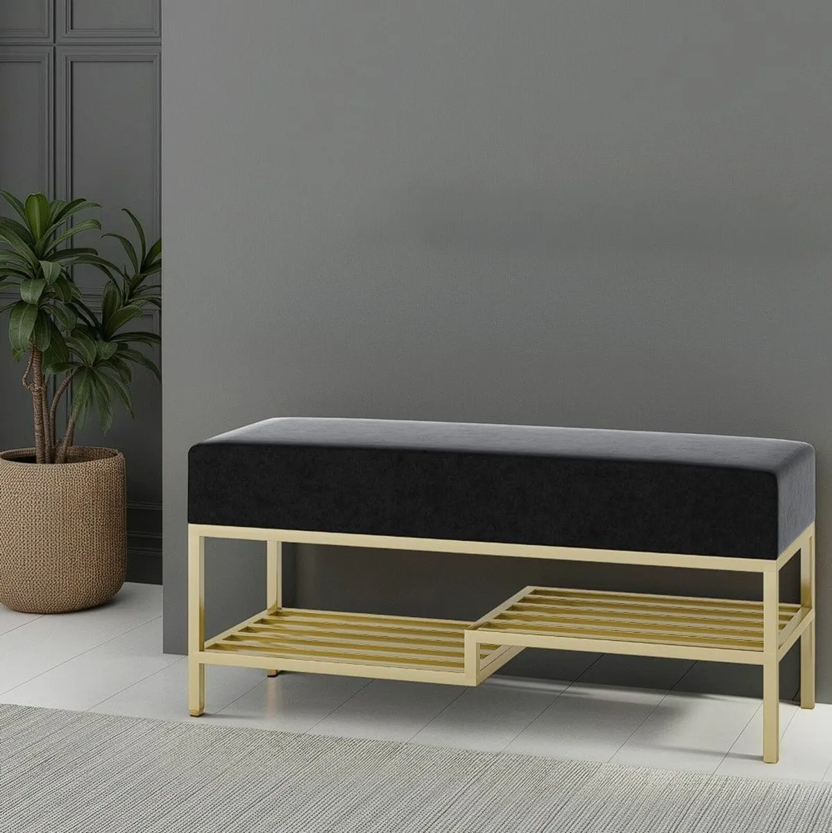 Ashton Modern Upholstered Bench with Shoe Rack - Image 1