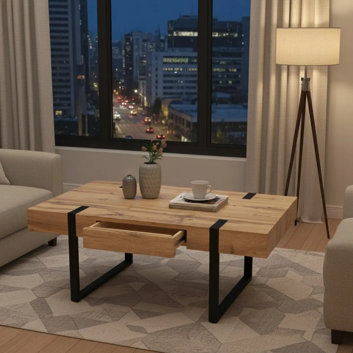 Ines Industrial Coffee Table with Drawer - Image 1