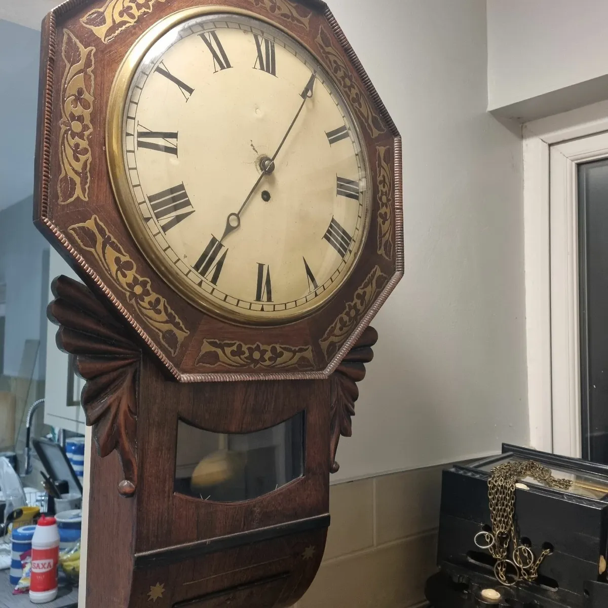 victorian rosewood brass inlaid wall  clock - Image 1