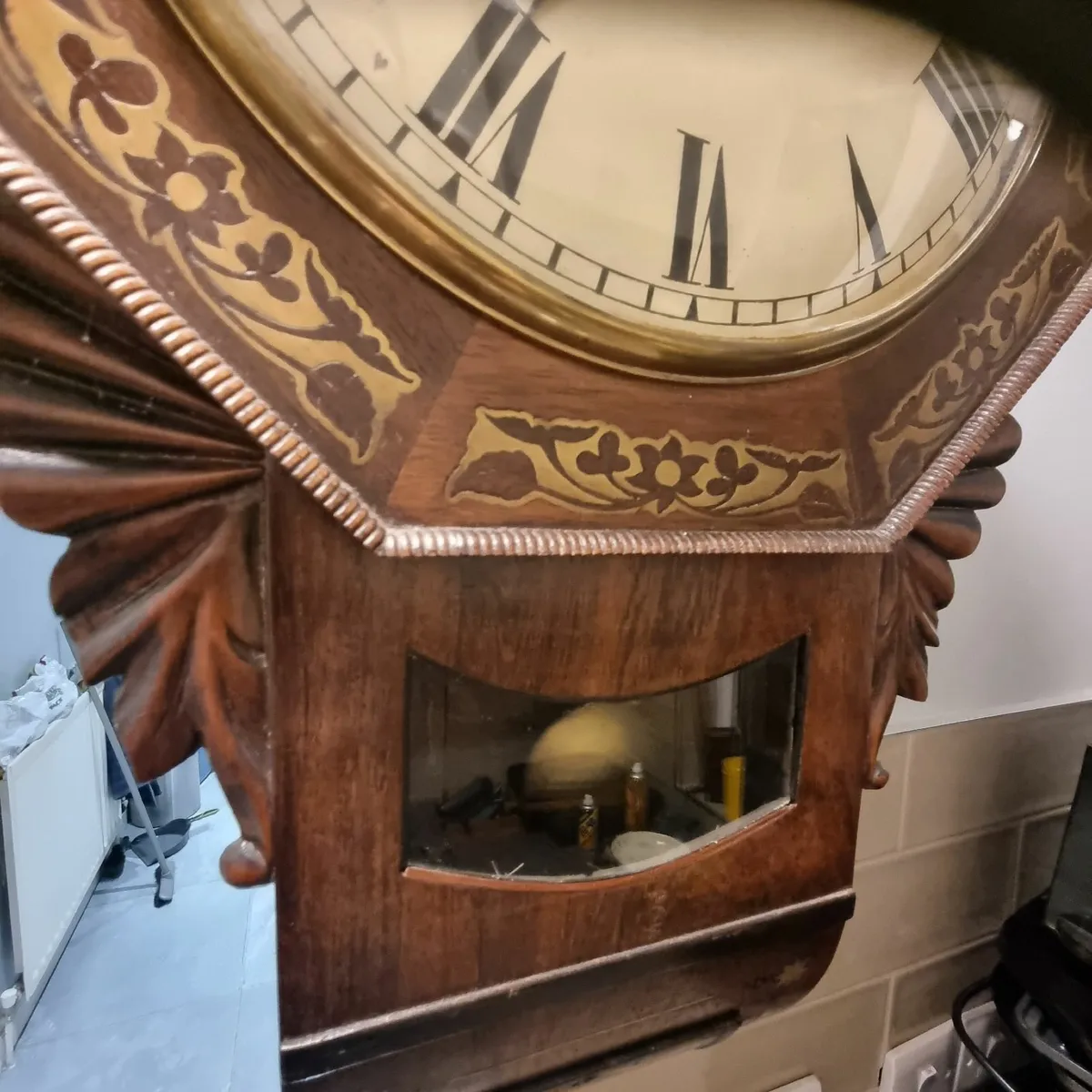 victorian rosewood brass inlaid wall  clock - Image 4