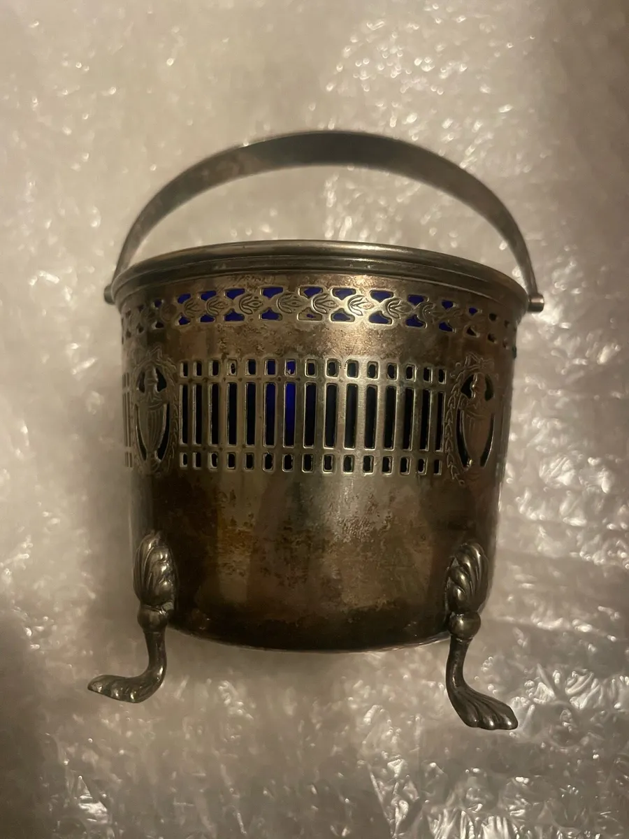 Silver plated bowl blue cobalt liner - Image 1