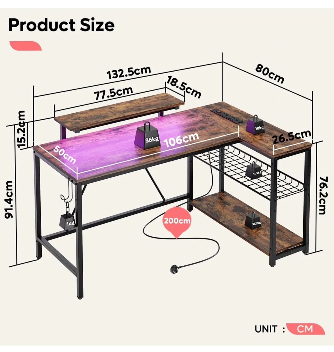 132.5CM L-Shaped Desk with 3 Power Outlets & 2 USB - Image 2