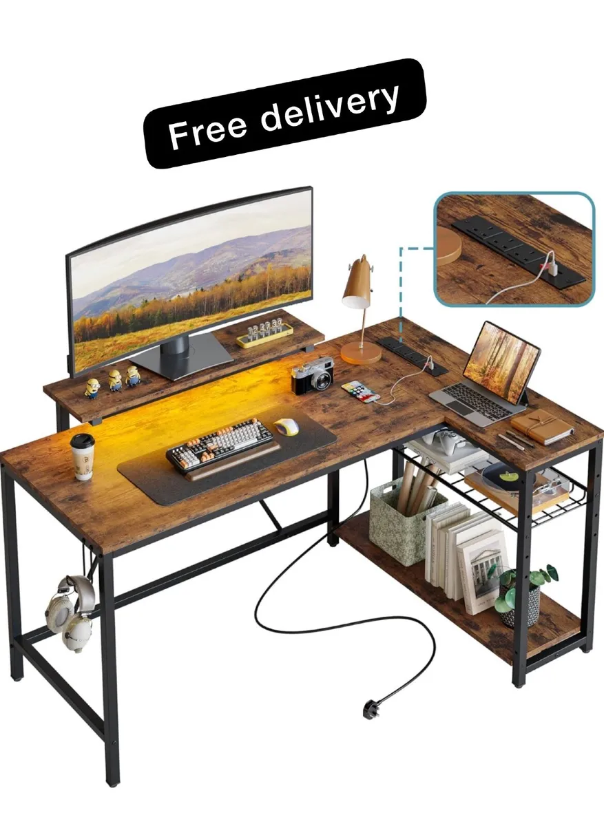 132.5CM L-Shaped Desk with 3 Power Outlets & 2 USB - Image 1