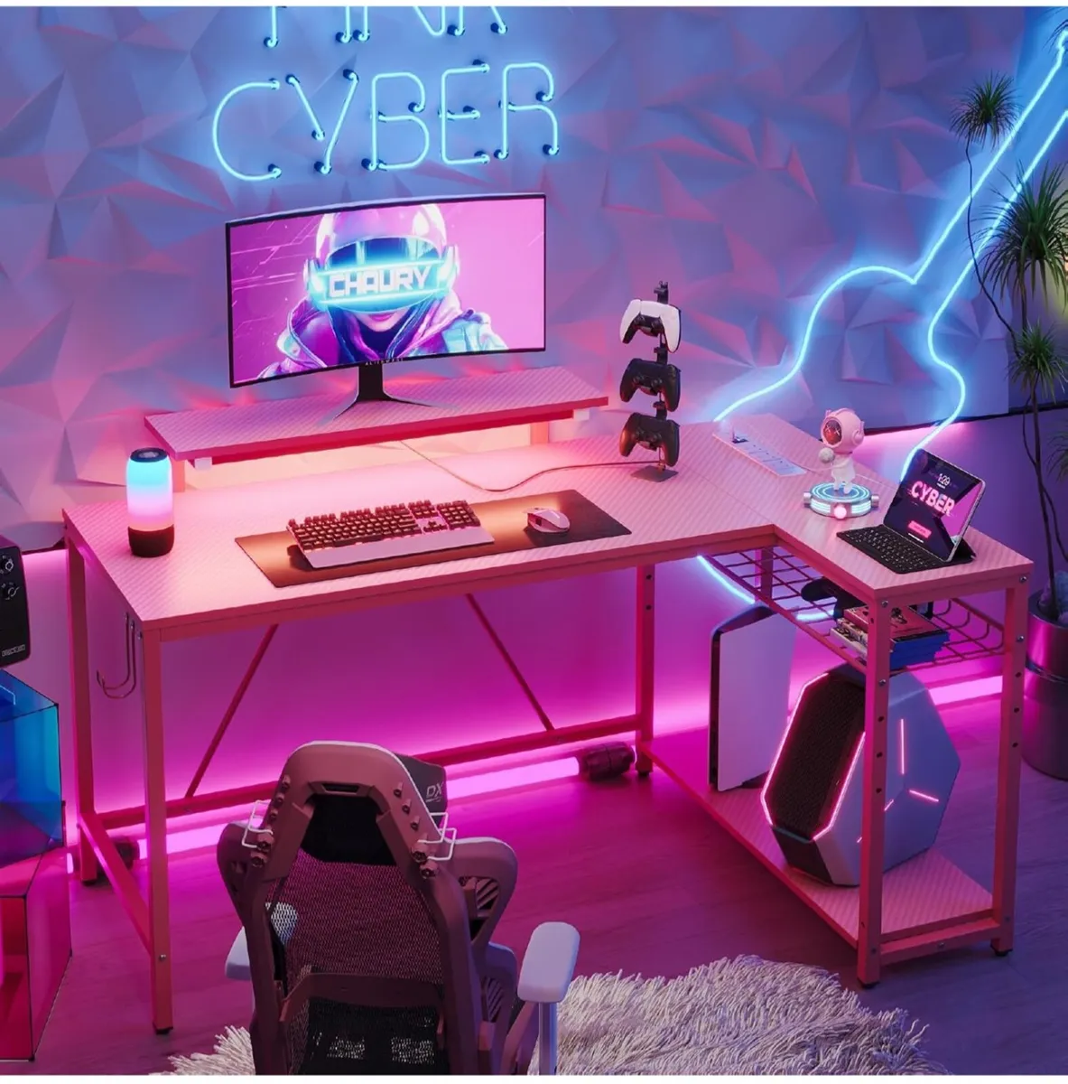 L-Shaped RGB Gaming Desk 132CM with Power Outlets - Image 1