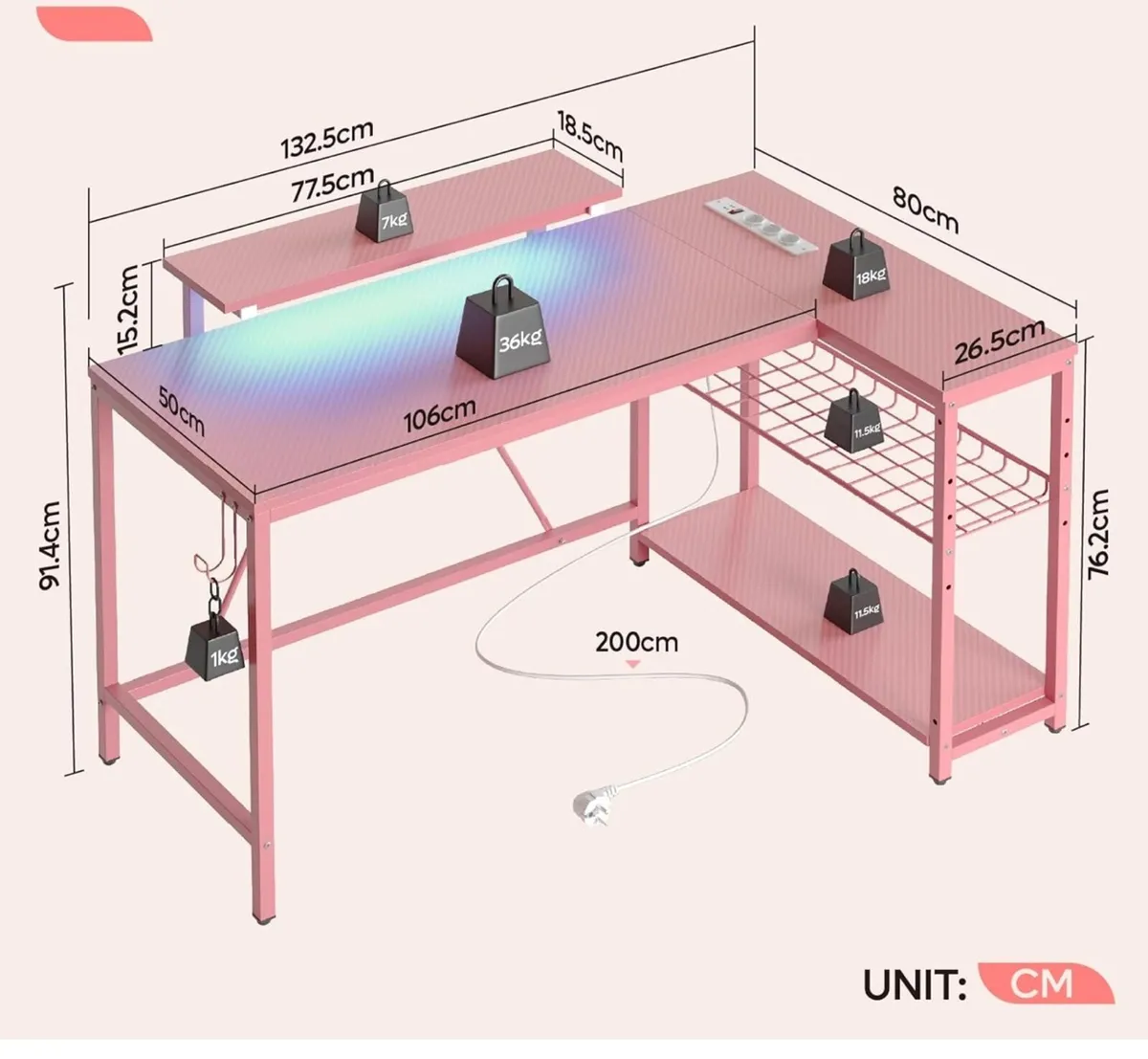 L-Shaped RGB Gaming Desk 132CM with Power Outlets - Image 2
