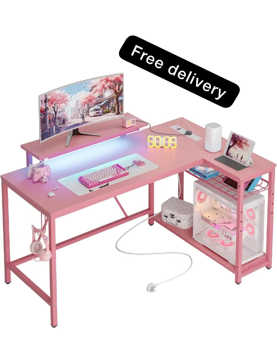 L-Shaped RGB Gaming Desk 132CM with Power Outlets - Image 1