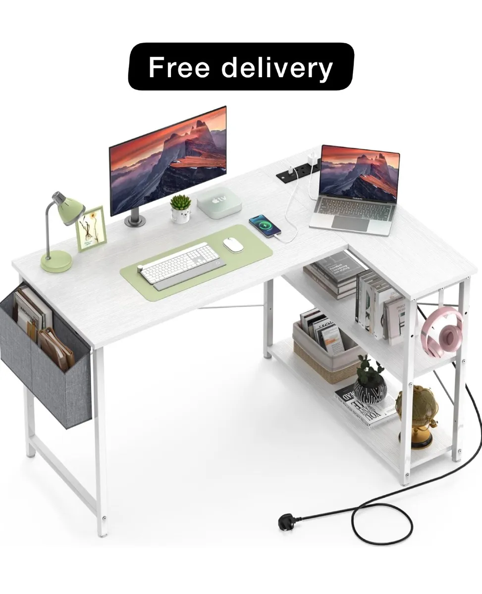 L Shaped Computer Desk with Power Outlet, 118CM Co - Image 1