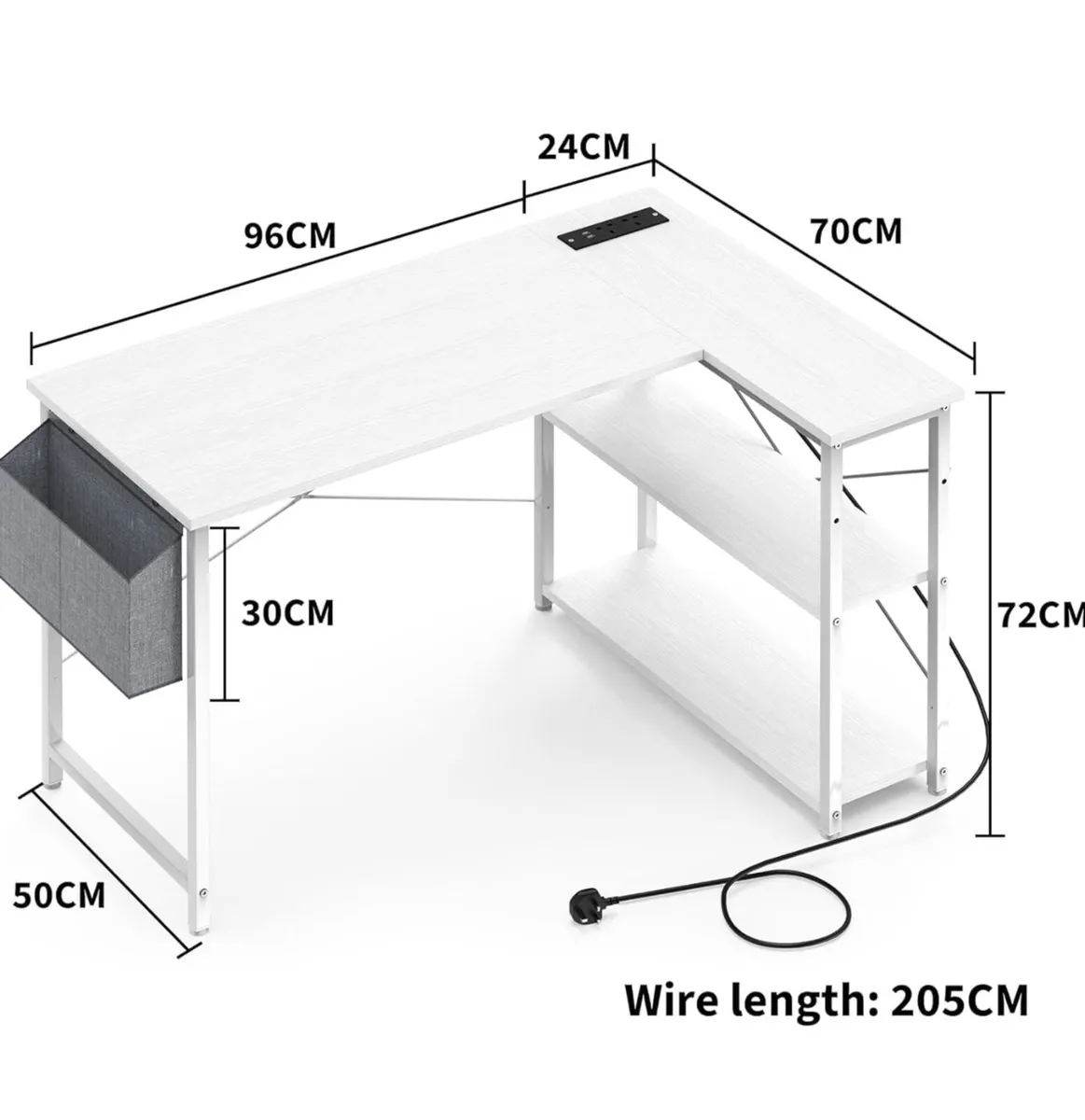 L Shaped Computer Desk with Power Outlet, 118CM Co - Image 3