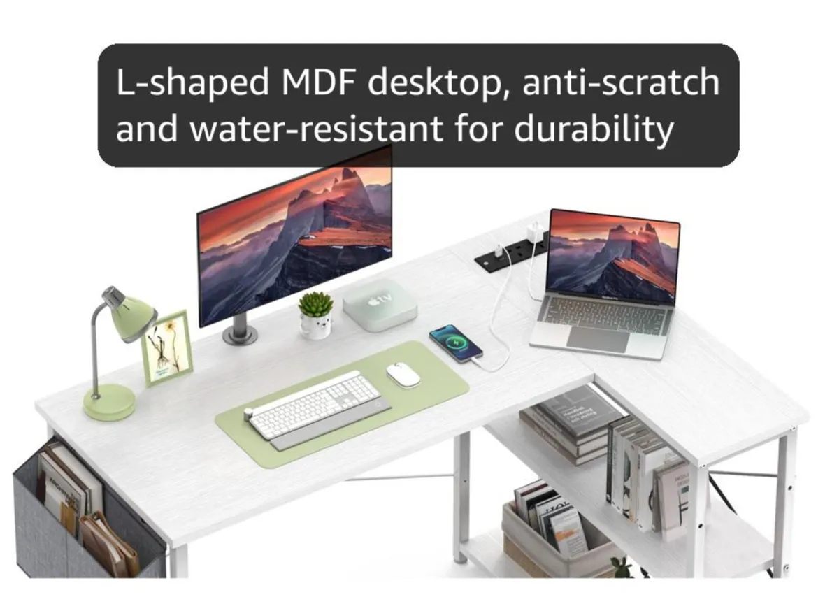 L Shaped Computer Desk with Power Outlet, 118CM Co - Image 4