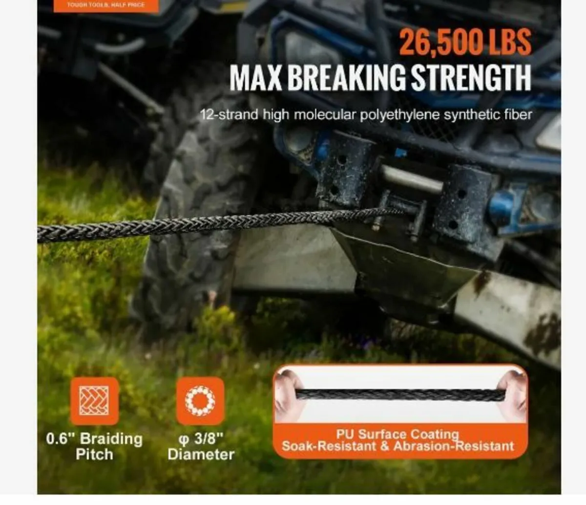 Synthetic Winch Rope, 9.5 mm x 30.48 m - Image 3