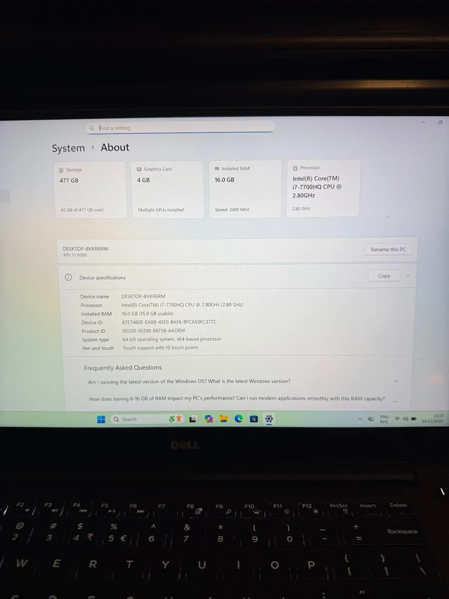 Dell XPS 9560 Laptop i7/16GB/512SSD/UHD/4K/Nvidia - Image 4