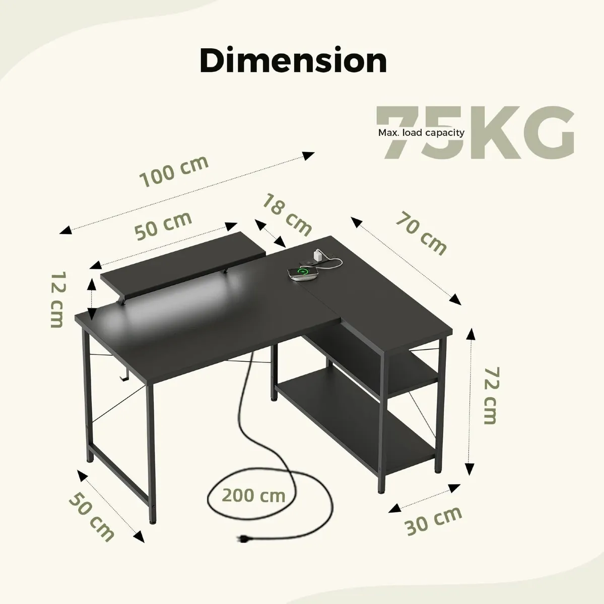 Small L-Shaped Desk with LED 100x70cm Computer - Image 2