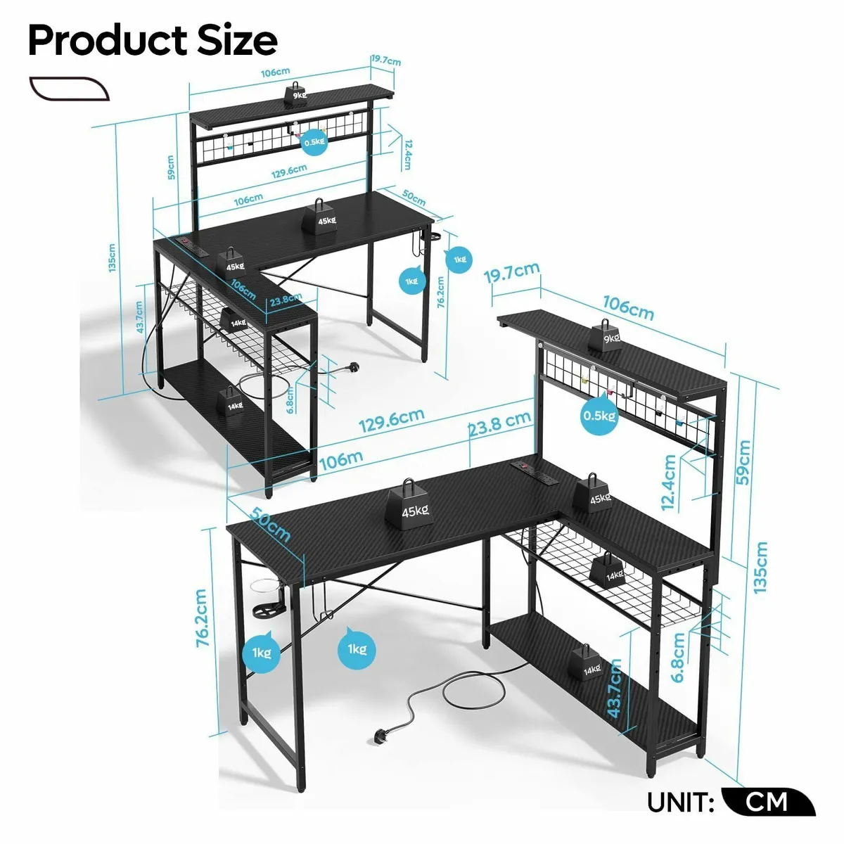 L-Shaped Gaming Desk with Power Outlets LED - Image 3