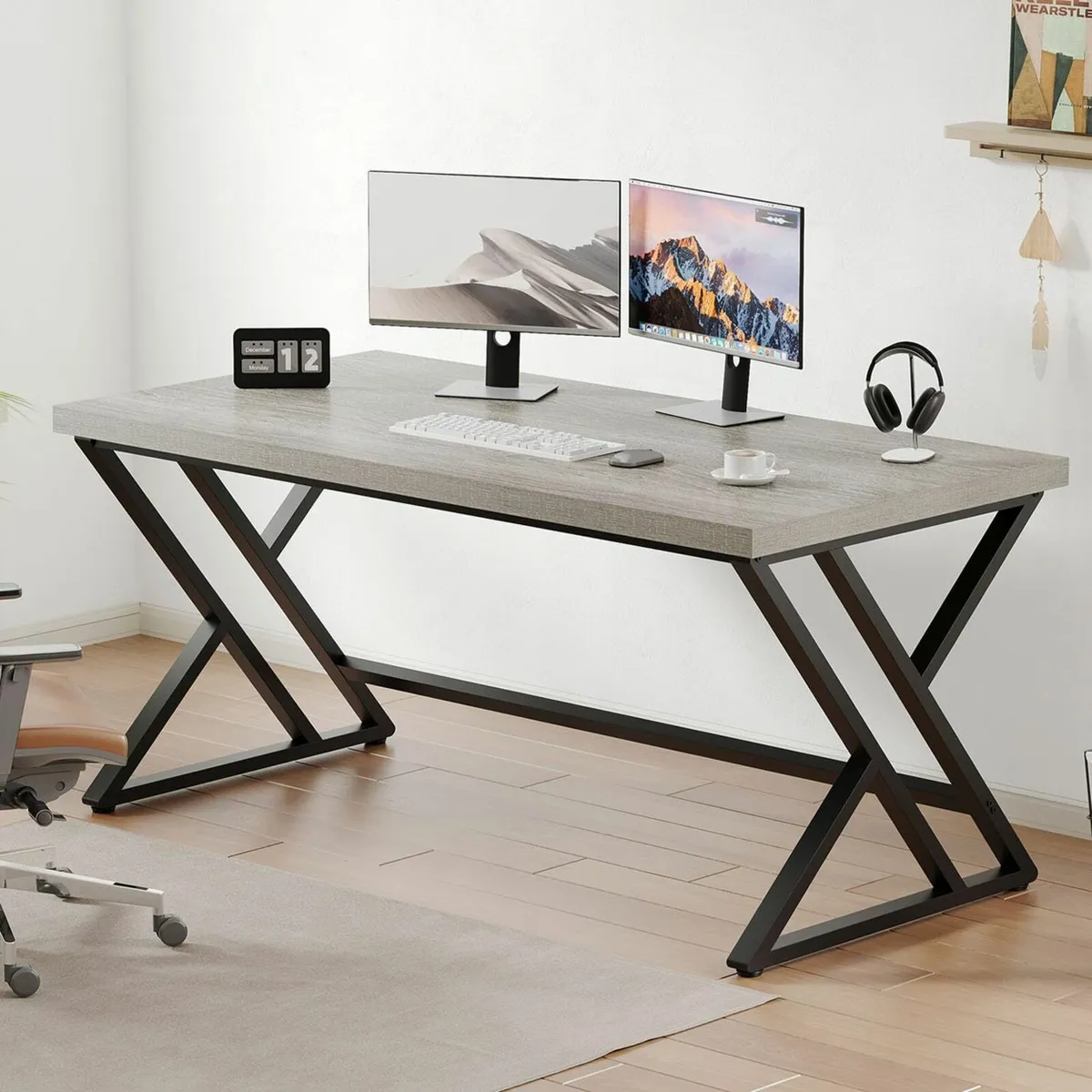 Grey Desk Industrial Wood Home Office Computer - Image 1