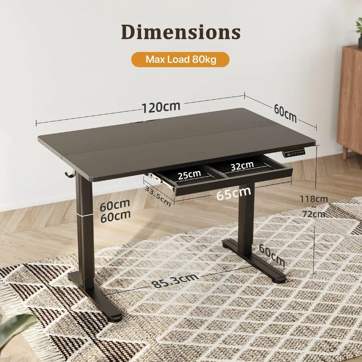 Electric Standing Desk with Drawer 120 x 60 cm - Image 3