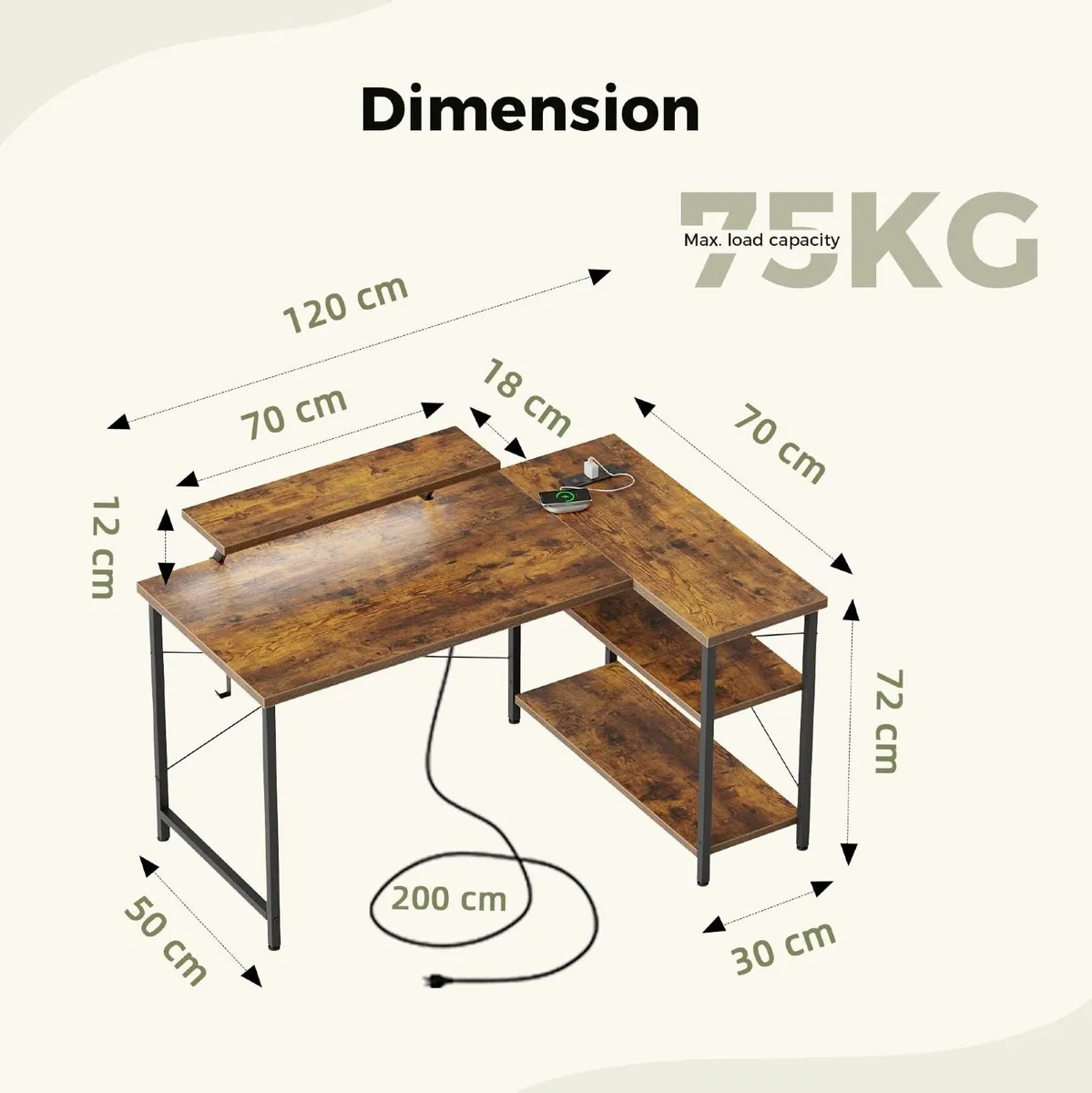 Small L-Shaped Desk with LED 120x70cm Computer - Image 2