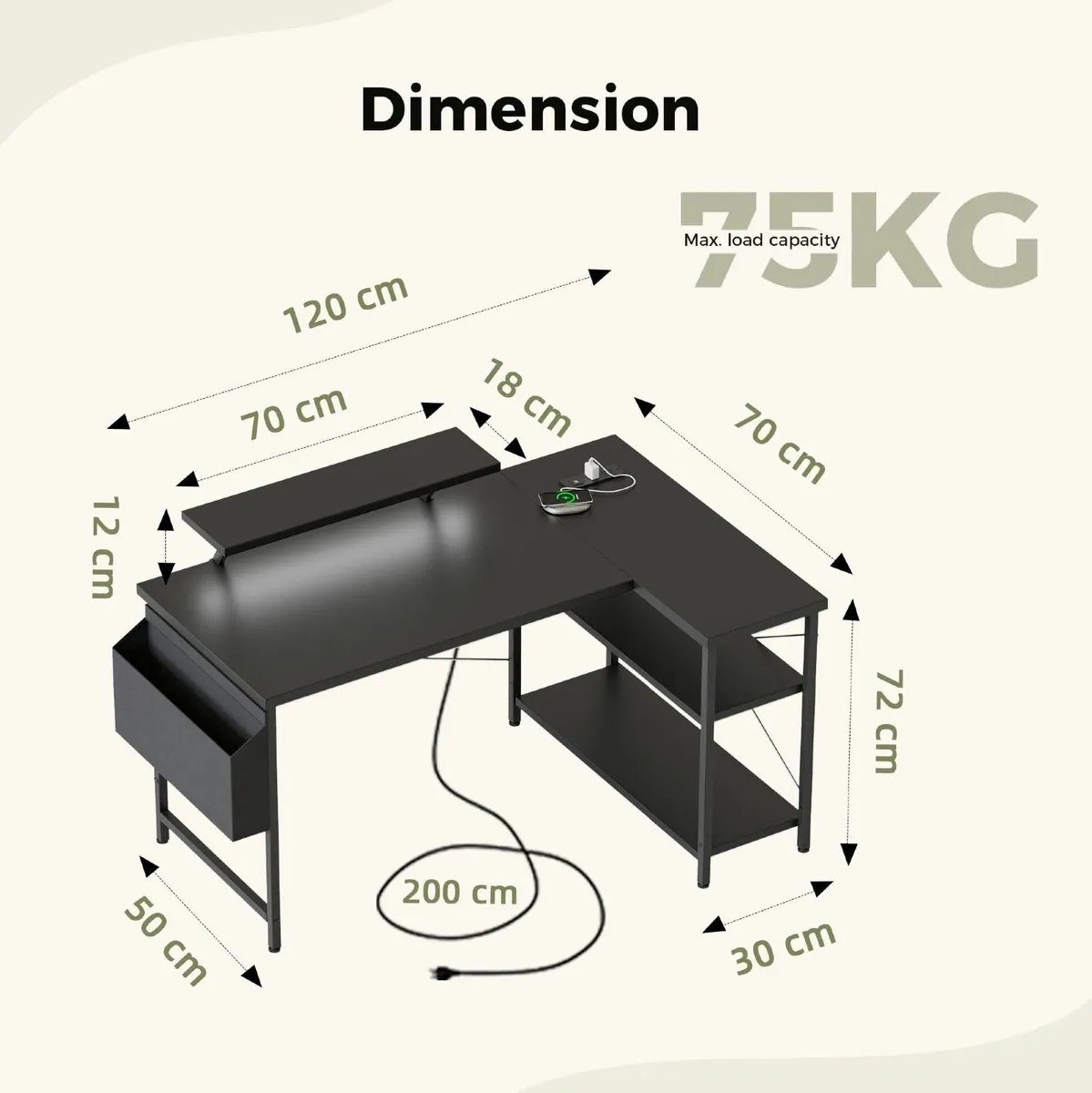 L-shaped desk 120x70cm gaming table with 2 - Image 2