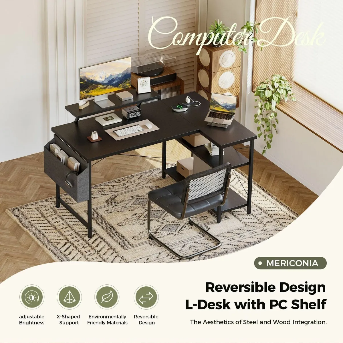 L-shaped desk 120x70cm gaming table with 2 - Image 3