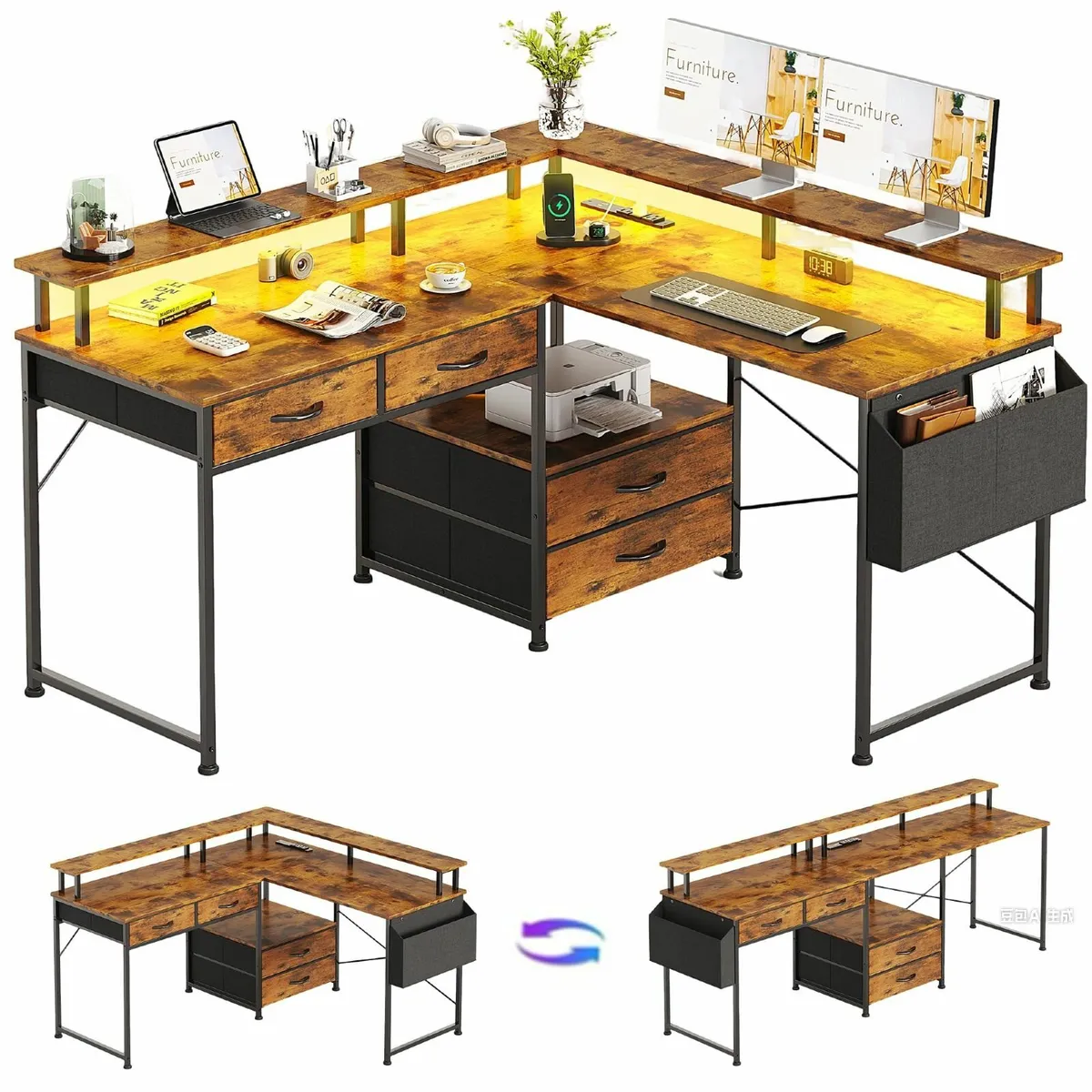 130x120cm L Shaped Desk with LED Lights Power - Image 1