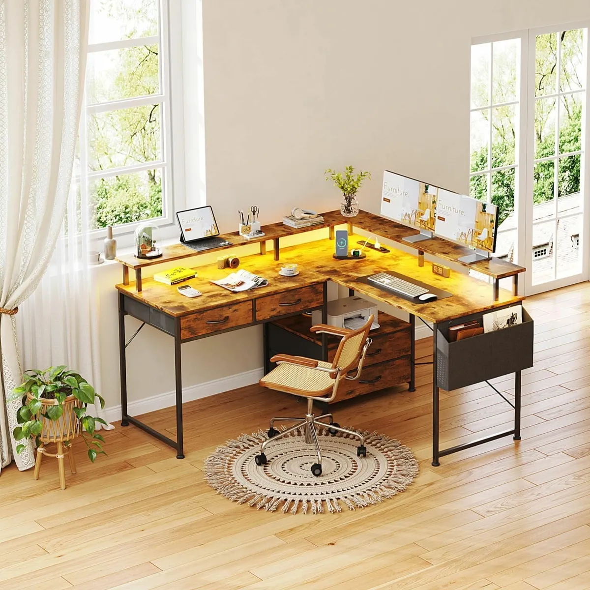 130x120cm L Shaped Desk with LED Lights Power - Image 2