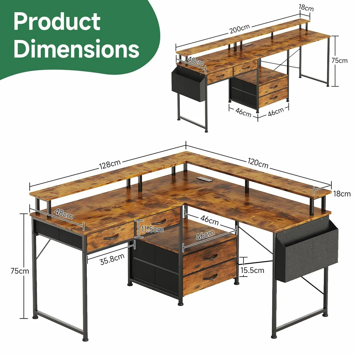 130x120cm L Shaped Desk with LED Lights Power - Image 3