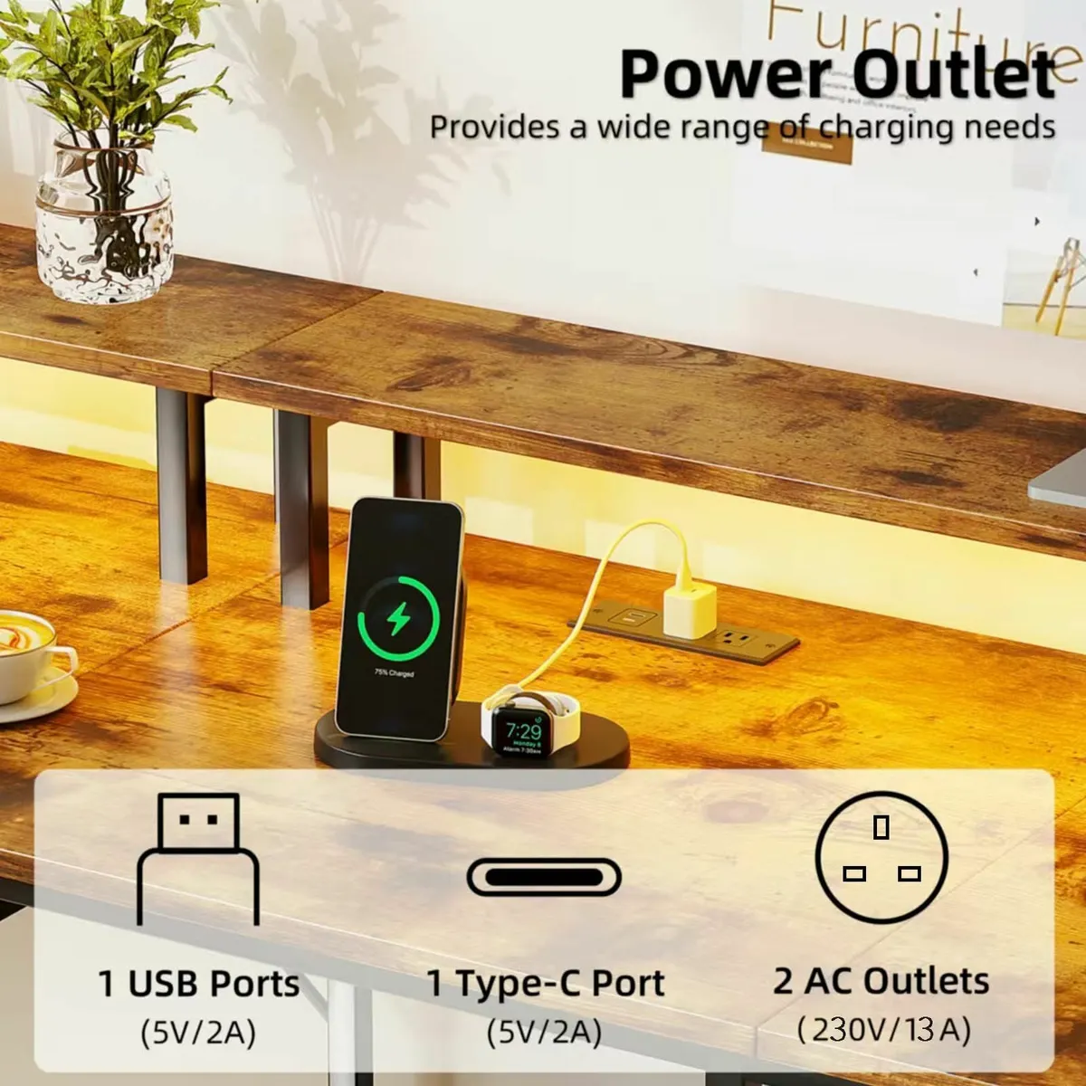 130x120cm L Shaped Desk with LED Lights Power - Image 4