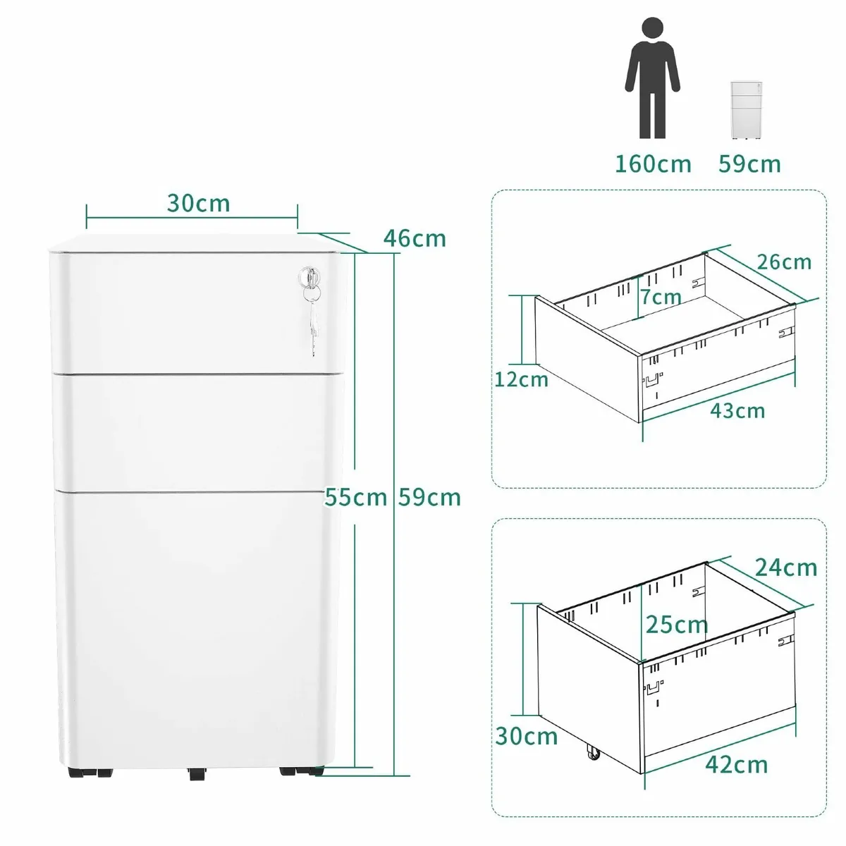 File Cabinet Metal with 3 Lockable Drawers Mobile - Image 3