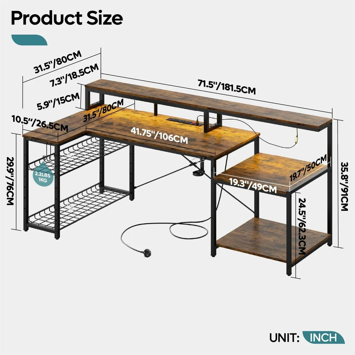 181CM L Shaped Corner Desk with Power Outlets LED - Image 3