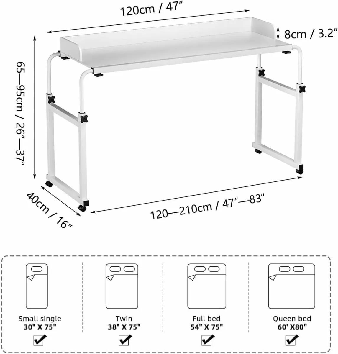 Height Adjustable Overbed Table with Wheels - Image 2