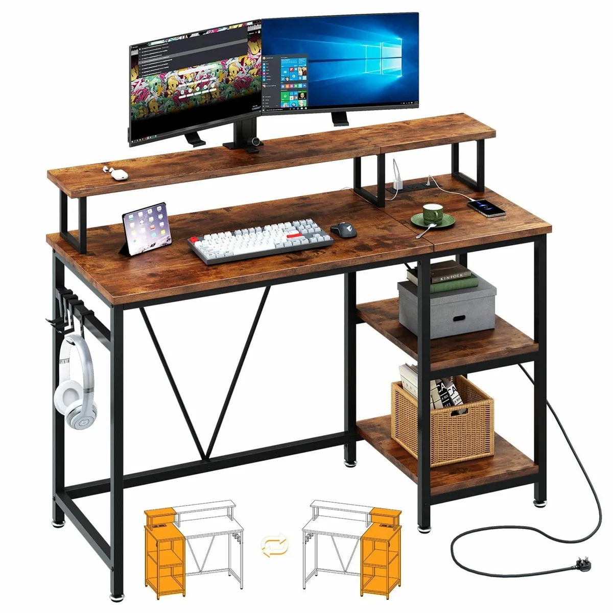 Computer Desk with Power Outlet 107.5cm Reversible - Image 1