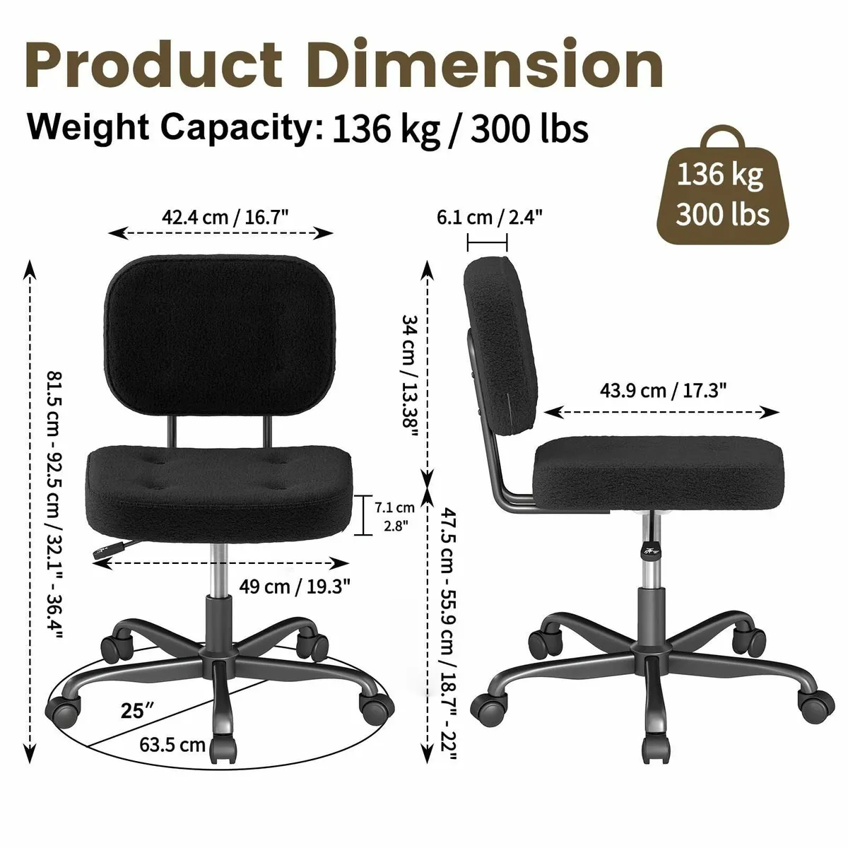Armless Desk Chair for Home Office Compact Swivel - Image 2