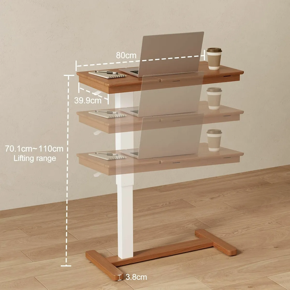 Adjustable Overbed Table with Wheels Solid Wood - Image 2