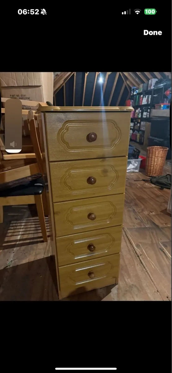 PINE BEDSIDE LOCKER, TALL BOY + OAK CHAIRS. - Image 3