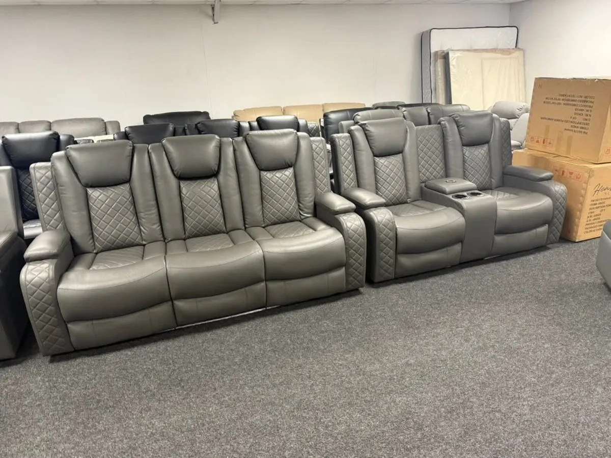 Ashbyrne Grey Electric Leather Recliner Sofa Set - Image 1