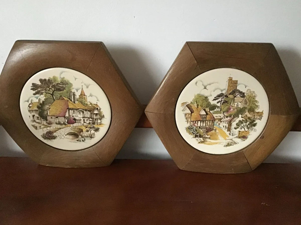 Vintage Tiles on Wood Plaque. Set of 2 - Image 1