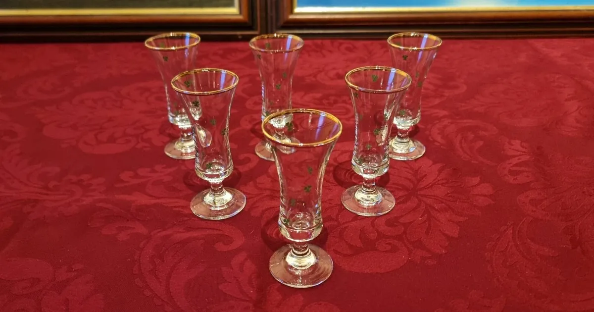 6Pc.Irish Shamrock Gold Rimmed Footed Shot Glasses - Image 3