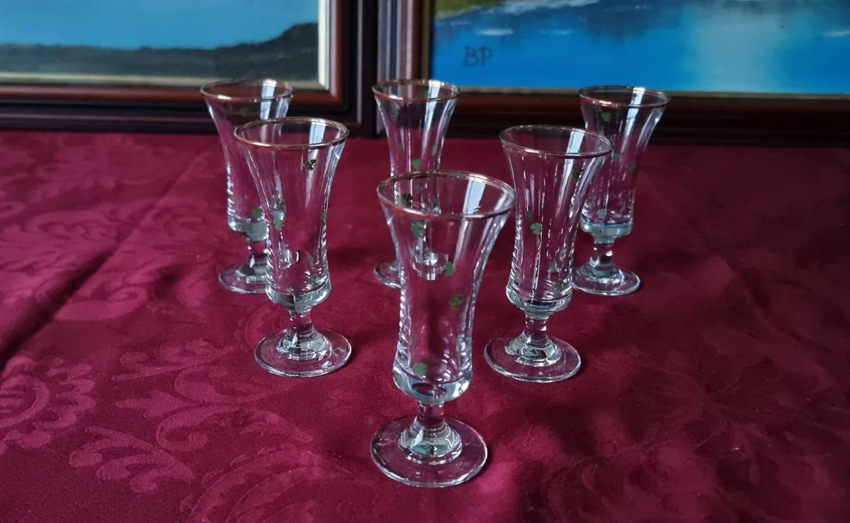 6Pc.Irish Shamrock Gold Rimmed Footed Shot Glasses - Image 4