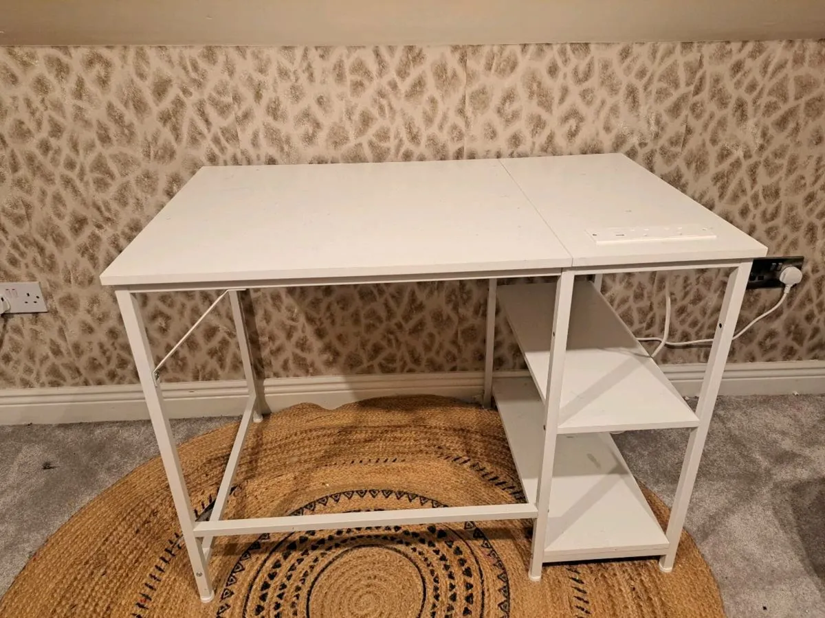 White Desk Office Computer Table with Plugs - Image 1